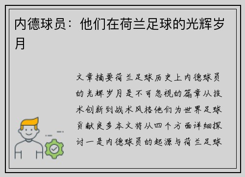 内德球员：他们在荷兰足球的光辉岁月